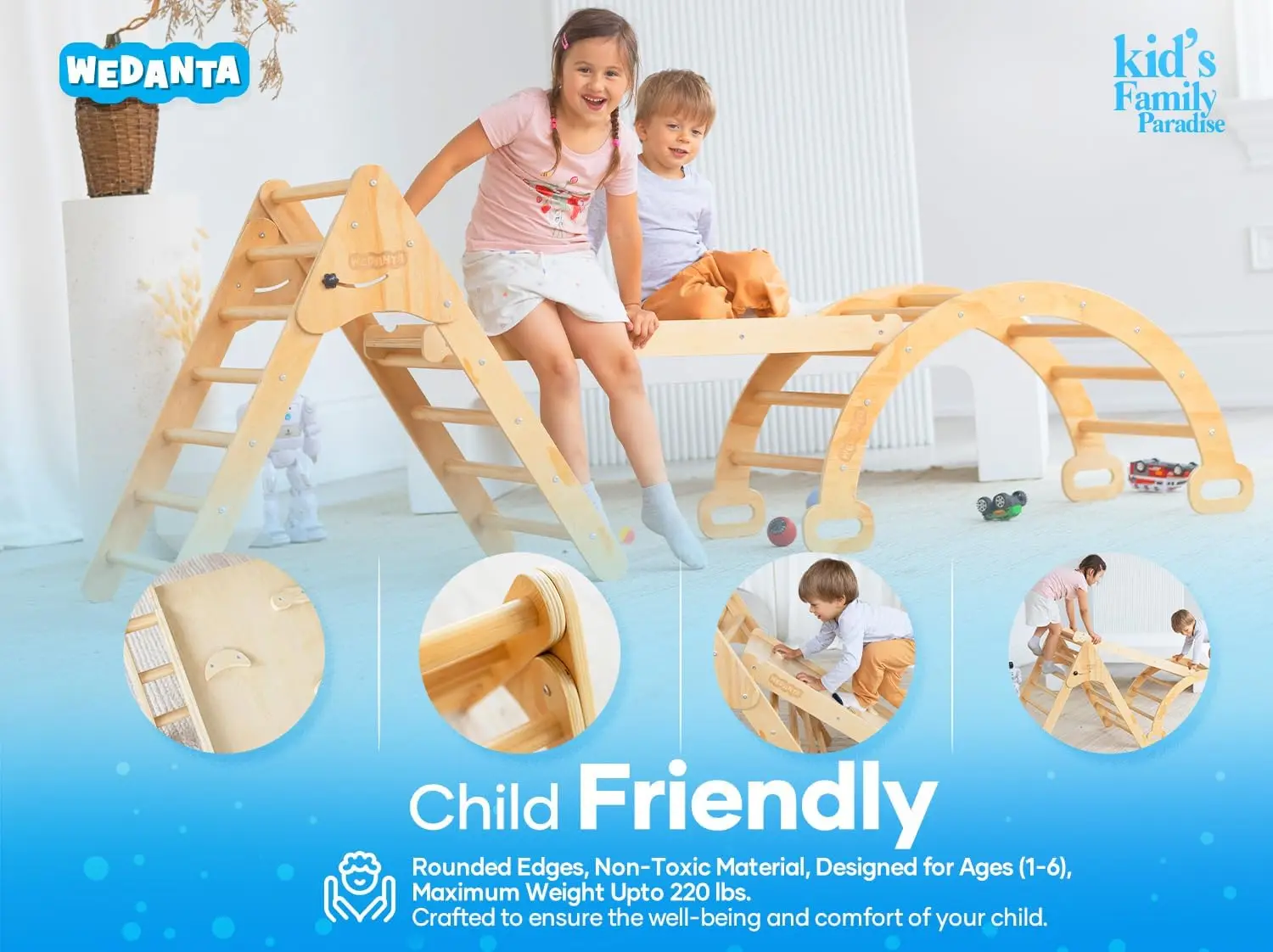 Foldable Climbing Toys Toddlers 4 in 1 - Pikler Triangle Climber Ramp Arch - Wooden Toddler Set 3 in 1 - Montessori Set - Pickle