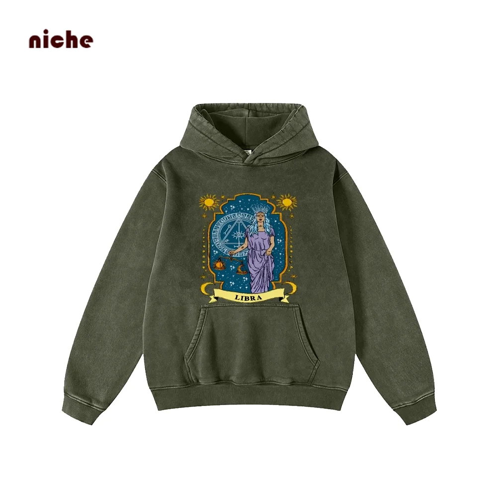 

Neutral Style Hooded Sweater Washed Cotton Sun Muse Print Oversize Loose Shoulder Fashion Trend New Hoodie Sweatshirt