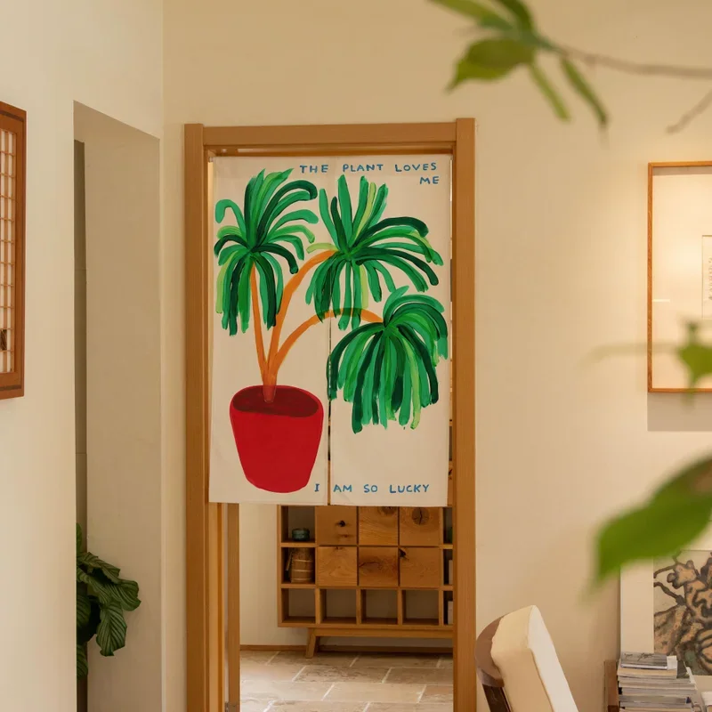 VIKAMA Hand Drawn Palm Plant Noren Door Curtain Green Potted Plant Text Print Partition Curtain Home Kitchen Entrance Decor