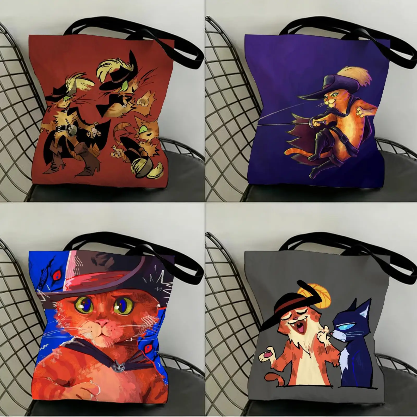 

P-Puss in B-Boots Storage Bags Canvas Double-Sided Print Fashion Shoulder Tote Shopping Bag Gift Eco Handbags