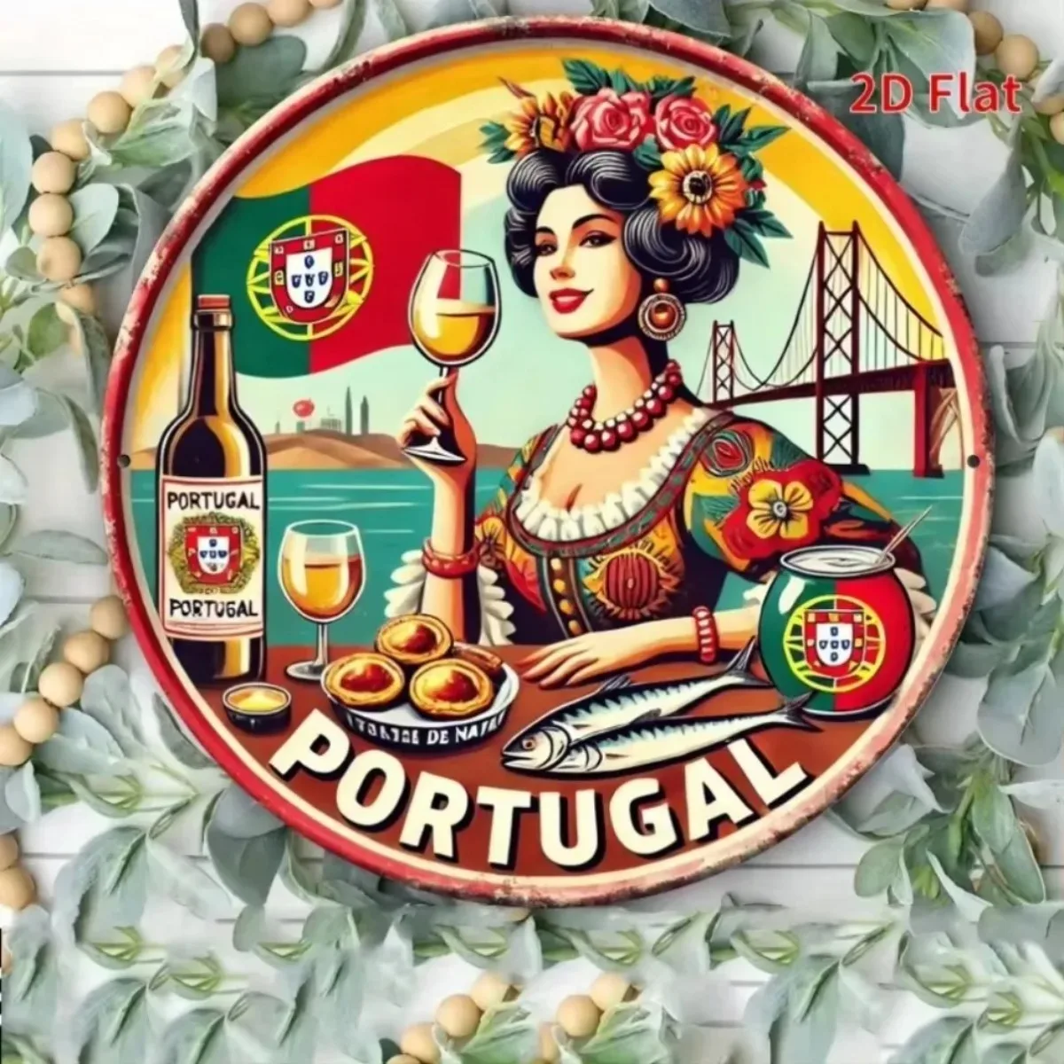 ديكور موضوع "طعام برتغالي ومناظر جسر حديثة" ثنائي الأبعاد - يتميز بعلم برتغالي وجسر حديث، مثالي لغرف المعيشة