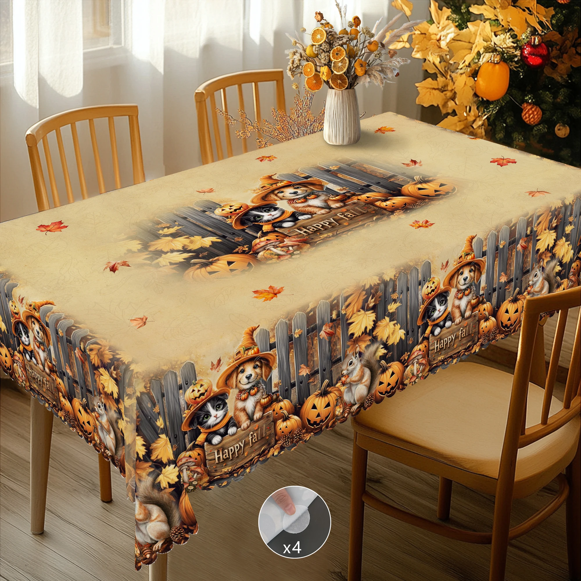 1 Piece of Autum Thanksgiving Themed Printed Tablecloth, Retro Country Farmhouse Style, Puppy, Kitten, Pumpkin Pattern Design, for Holiday Parties, Camping Picnic, Garden Birthday Party Decoration, Kitchen Accessories, Dining Room Terrace, Indoor and Outdoor Tablecloth, Perfect Gift for Friends, Round and Rectangular Tablecloth + 4Pcs Self-Adhesive, Multiple Sizes Available