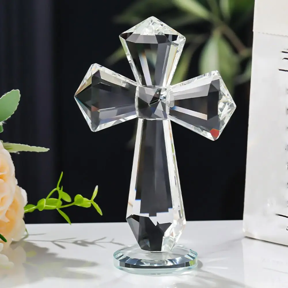 AB Color Crystal Cross Ornament Handmade Standing Christian Cross Crafts Exquisite Crosses Figurine Tabletop Home Decor