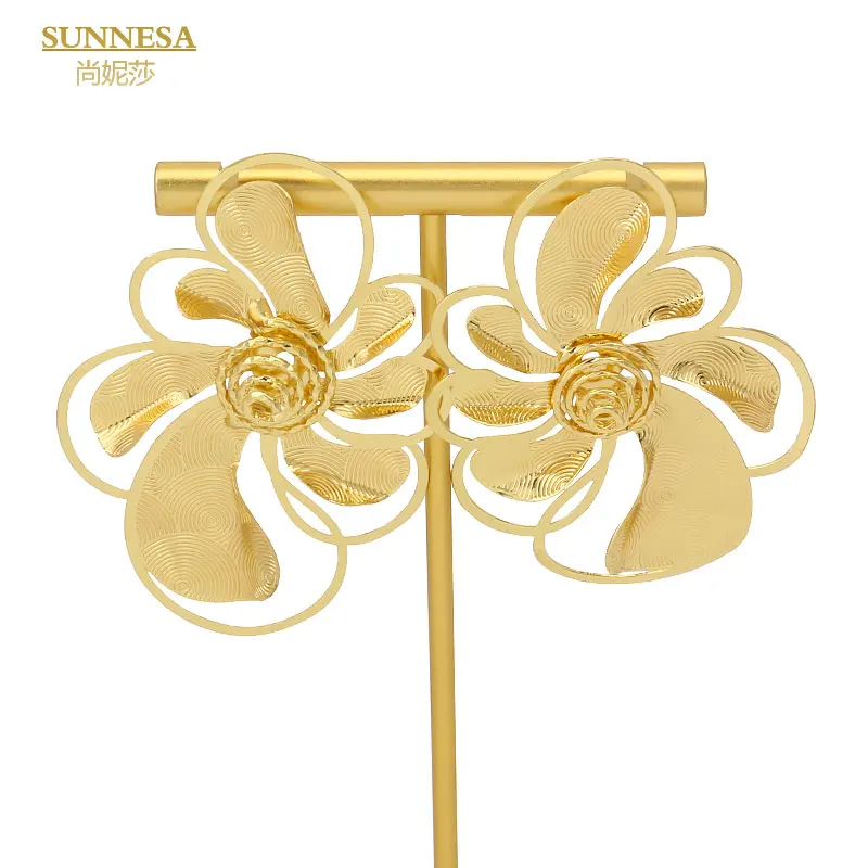 SUNNESA Elegant Golden Big Flower African Clip Earrings for Women Fashion Dubai Party Jewelry Trendy Engrave Hollow Earrings