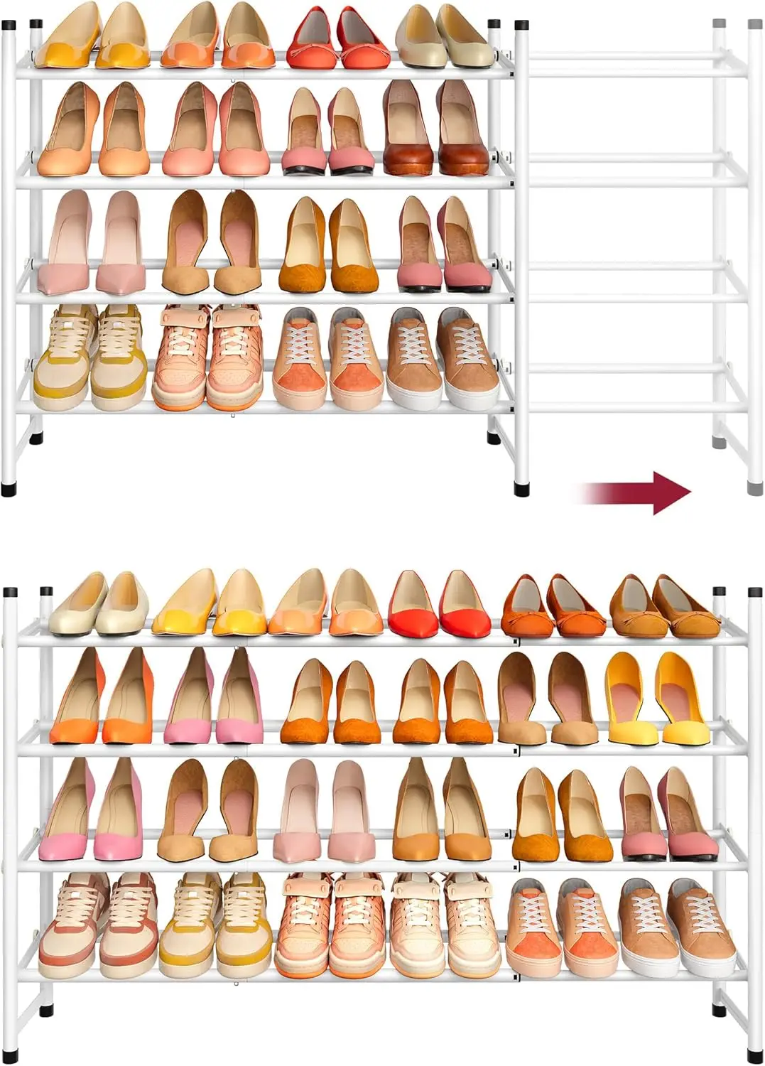 

4-Tier Expandable Metal Shoe Rack, 29'-41' Adjustable Storage Organizer for Closet, Entryway, Garage - White