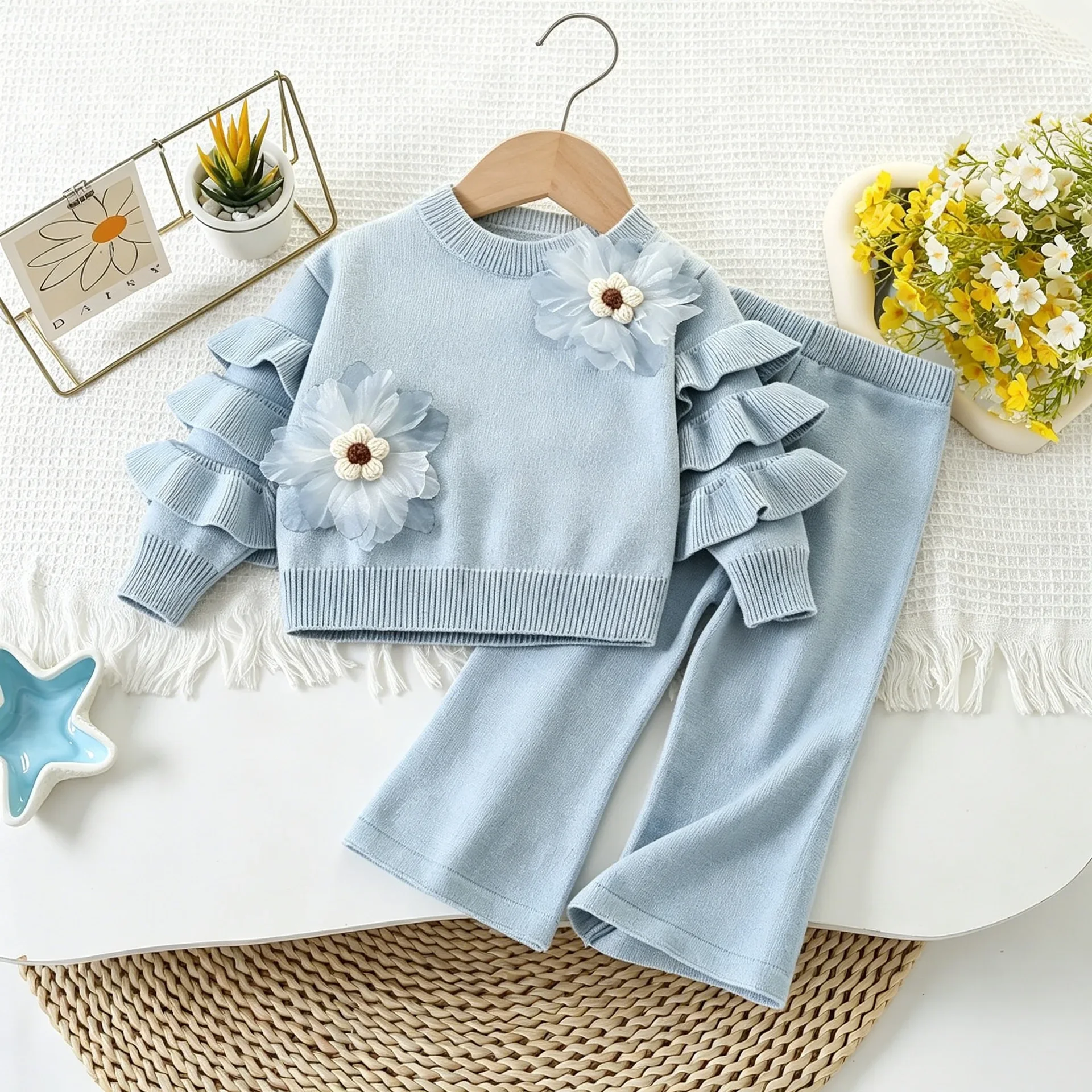 Korean Version Plain Color Autumn and Winter Knitted Sweater Girls Clothing 3D Flower Decoration Splicing Long Sleeved Top+Pants