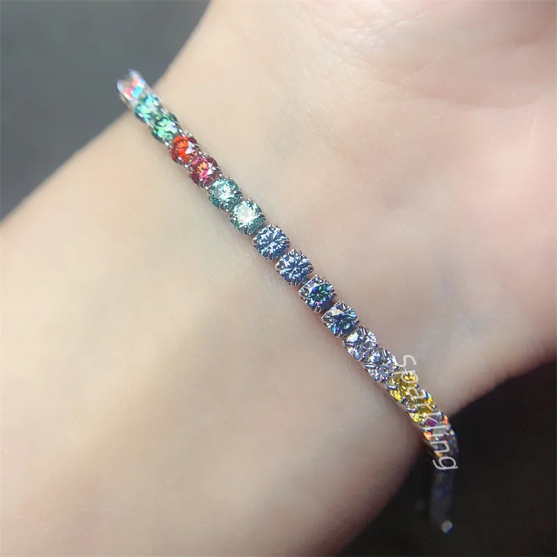 925 Sterling Silver moissanite Bracelet Glitter Colorful moissanite through Diamond Instrument Detect Women's Bracelet Hip Hop