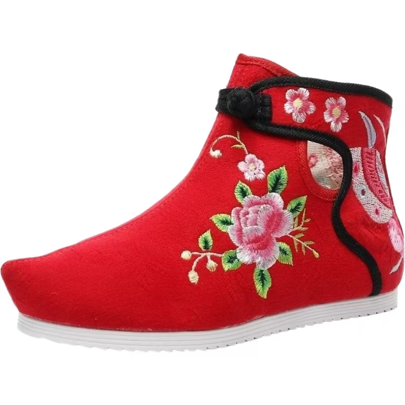 

Women Embroidered Canvas Ankle Boots Spring Autumn New Ethnic Style Increased Internal High Top Cocked Shoe Toe Hanfu Nude Boots