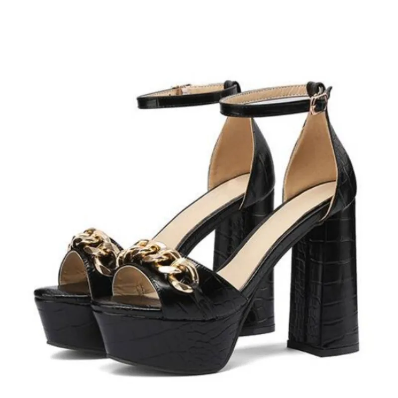 

Модные женские босоножки на высоком каблуке. Сандалии черные (синие, белые). Высота каблука около 12,5 см. Босоножки на грубом каблуке. 34-46