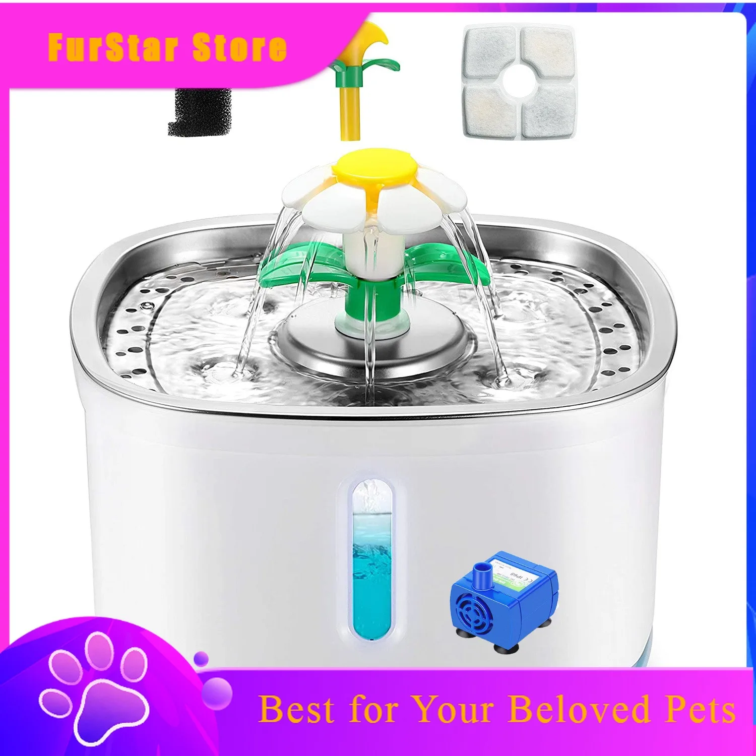 FurStar2.4L Pet Cat Drinking Water Fountain With LED Lights Motion Sensor Dogs Dispenser Automatic Feeder Container(USB Interfac