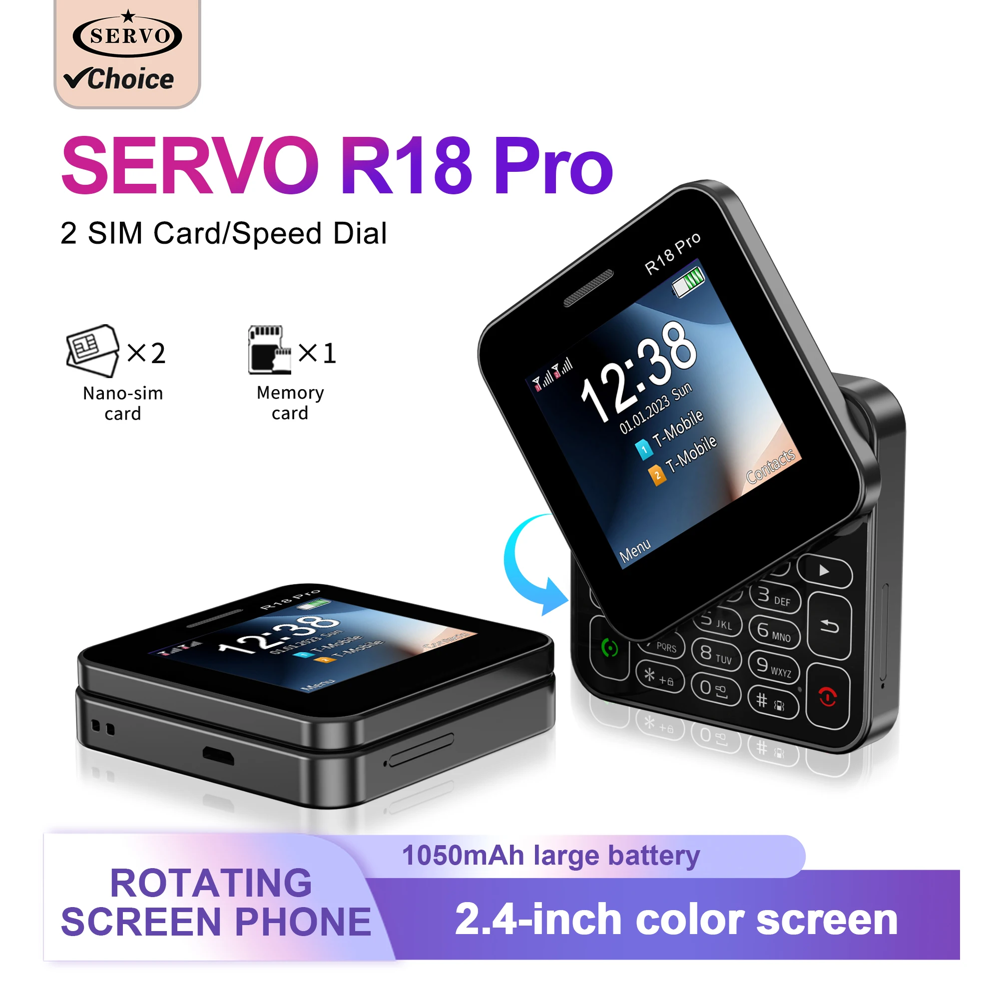 SERVO R18Pro Rotating Screen Mobile Phone 2G 2 SIM Card Speed Dial Magic Voice Blacklist Rotating Side Slider Phone Flashlight