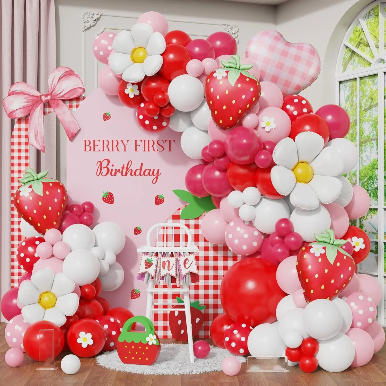 Ensemble de ballons sur le thème de la fraise, rose et rouge à pois, pour la décoration d'ambiance de fête de 1er anniversaire