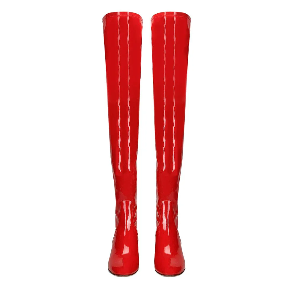 Spring new flat toe red patent leather rear zipper square heel over-the-knee boots daily dress large-size high-heeled women boot view 3