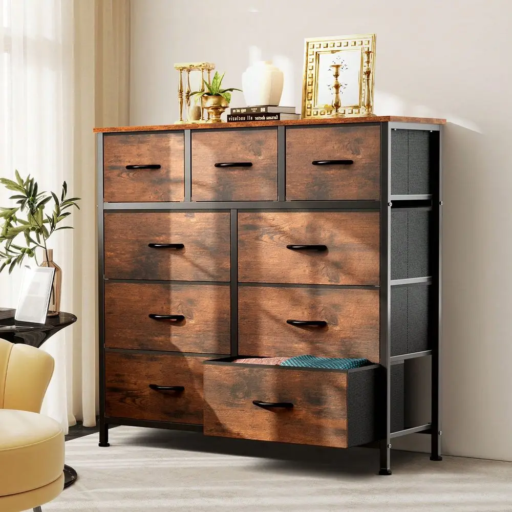 Sweetcrispy Dresser TV Stand, Entertainment Center With 9 Fabric Drawers Tall Dresser Storage Drawer Units Chest Of Drawers For