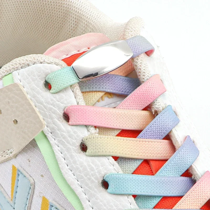 No Tie Flat Elastic Lazy Shoelaces Macaron Multi Color Block Stretch Shoe Strings Metal Press Lock for Sneakers Casual Footwear