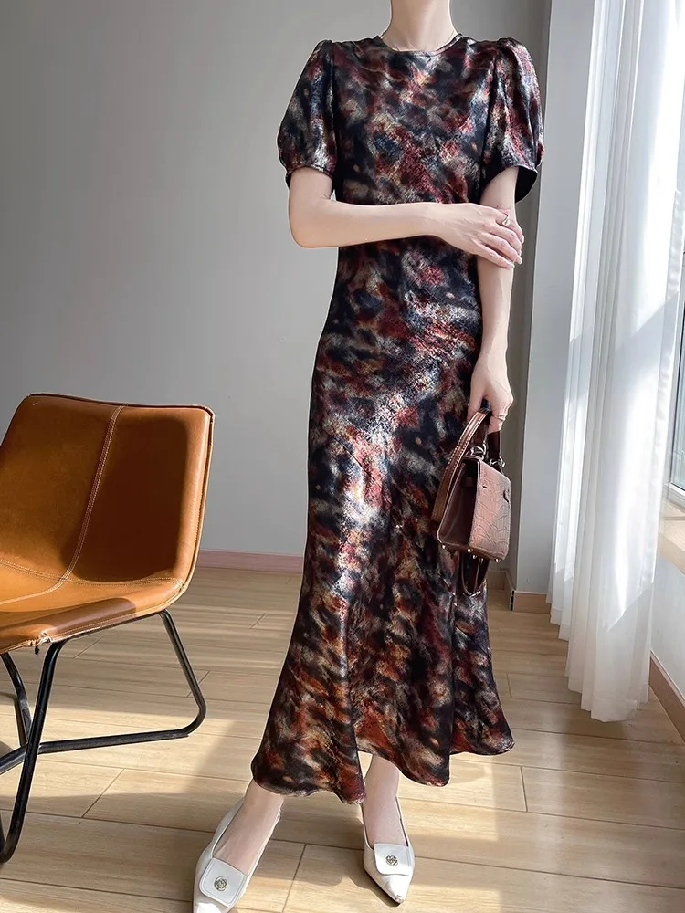 Ele Acétate Satin ort Sve Dr Golden Embelli Longueur Genou Soyeux Minceur Taille Haute A-Line Dr Summer Commute