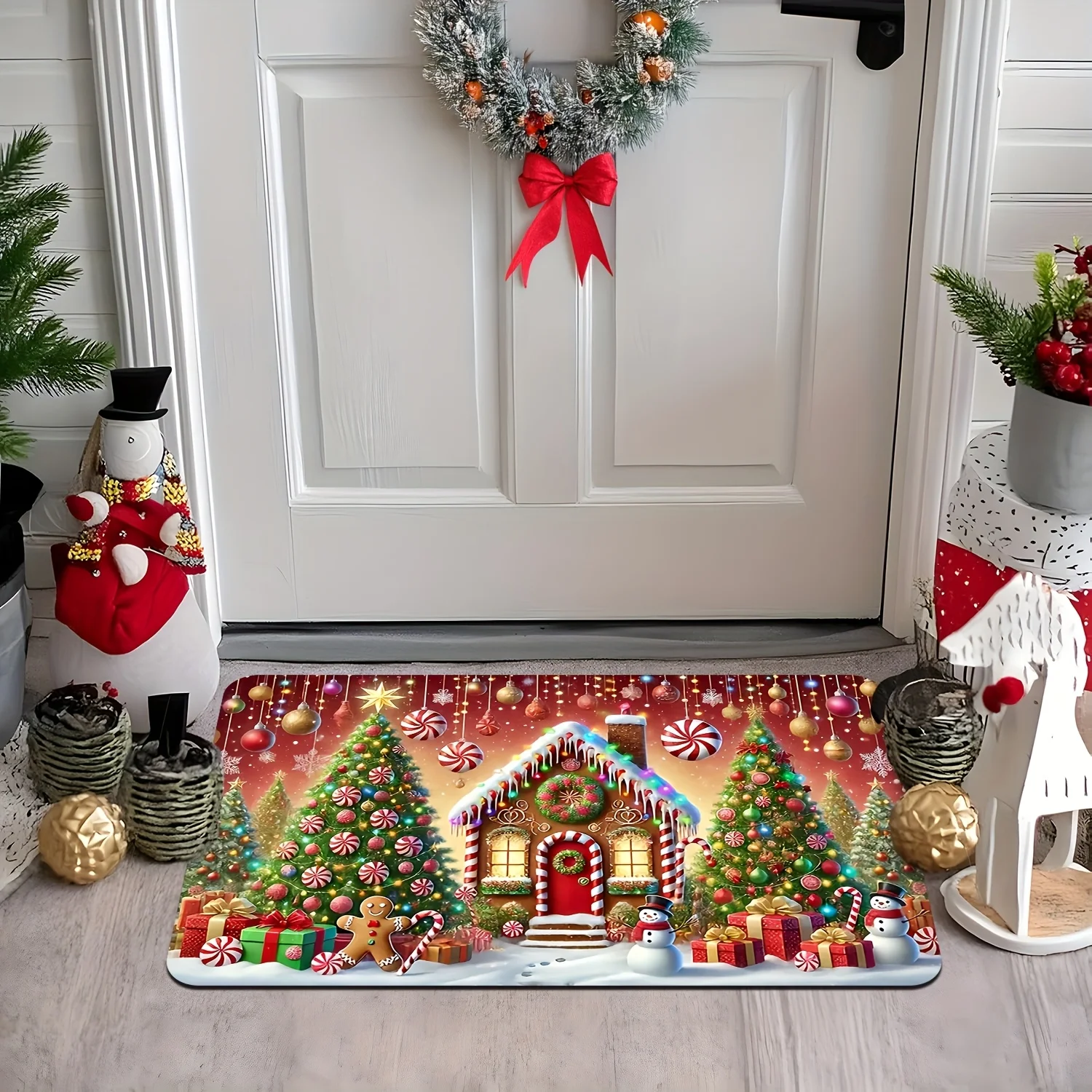 1pc Christmas Gingerbread‑House Gift‑Box Snowman Print Doormat, Machine‑Washable Floor Mat for Living Room, Bedroom, Kitchen