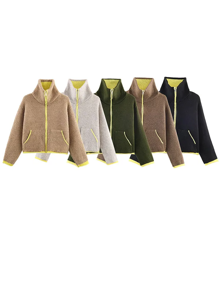 

HH 2026 Women Fashion High Collar Long Sleeve Decorated Knitted Short Coat With Zipped Pockets Female Casual Loose Street Jacket