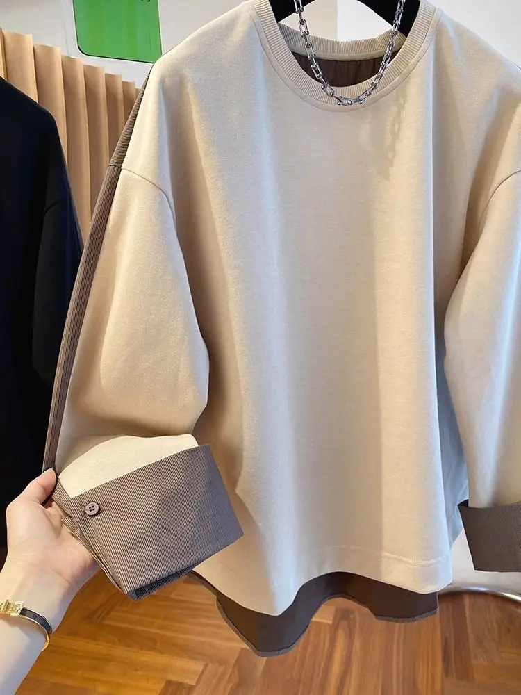 Niche Long-sleeved T-shirt for Women Spring Clothes New Style Splicing Fake Two-piece Thin Sweatshirt Top Trendy