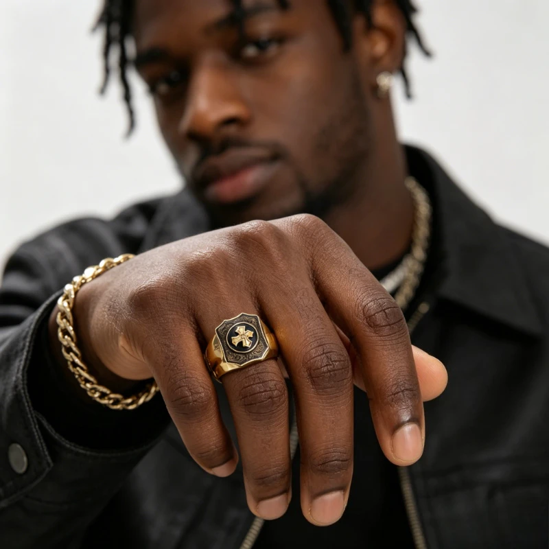 European and American Celebrity-style Men's Rings - Black Agate Faith and Power Cross Men's Ring - Punk Style Jewelry