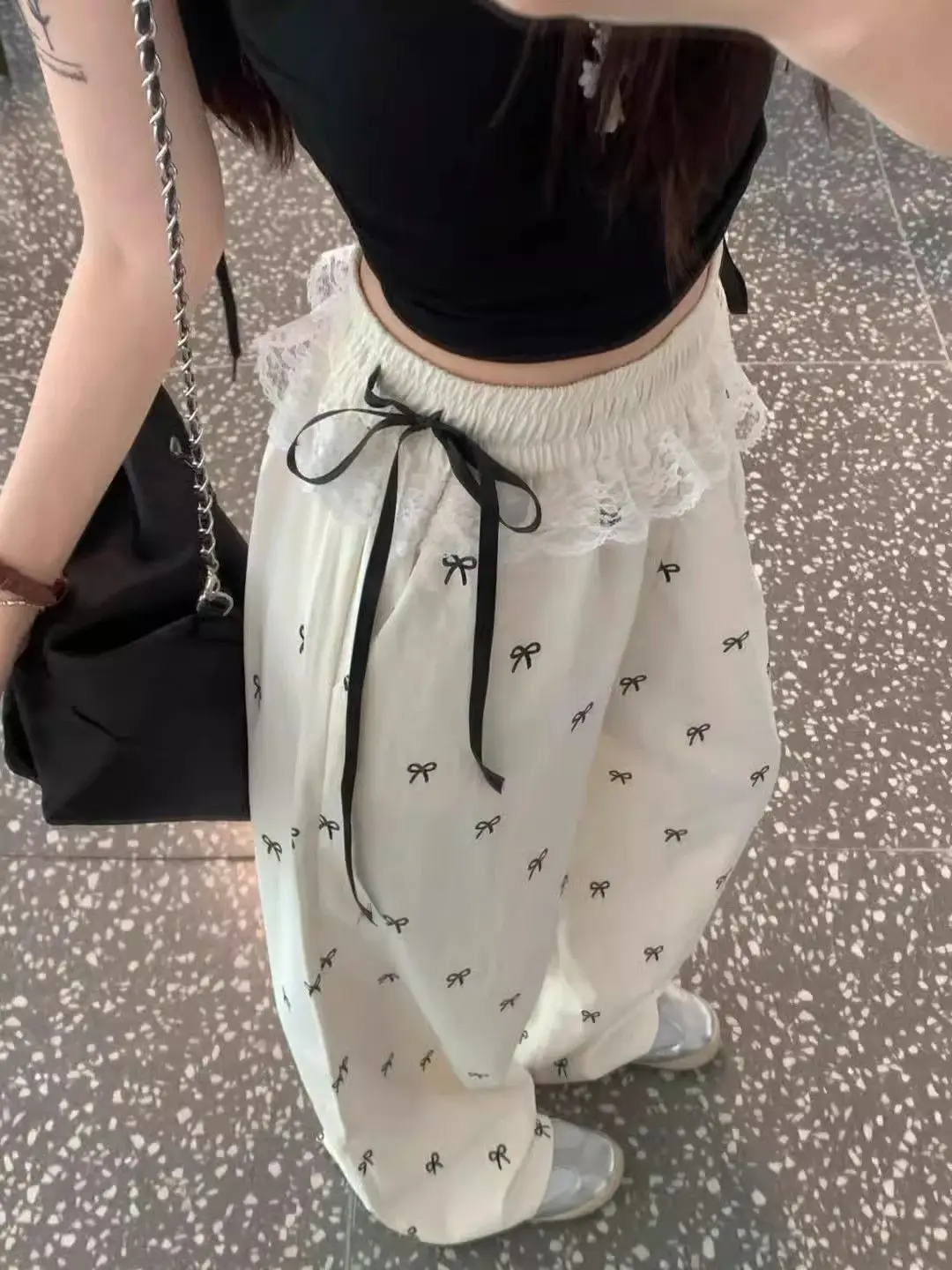Sweet Sexy Lace Patchwork Casual Bows Pants Women,Summer Loose Elastic Waist Loose Straight Leg Pants