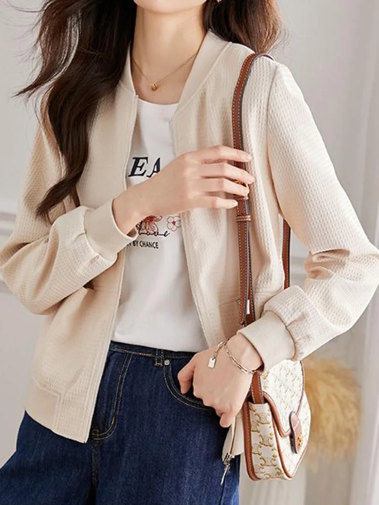 Women Beige Zipper Jackets Tops Korean Casual Long Sleeve Solid Coats Blusas Spring Fall Loose Abrigos Classic New Outerwears