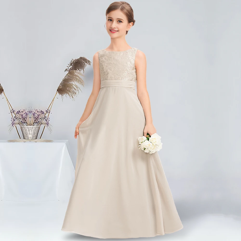 A-line Scoop Floor-Length Chiffon Lace Junior Bridesmaid Dress Graceful Flower Girl Dress for Wedding Party Communion Dresses