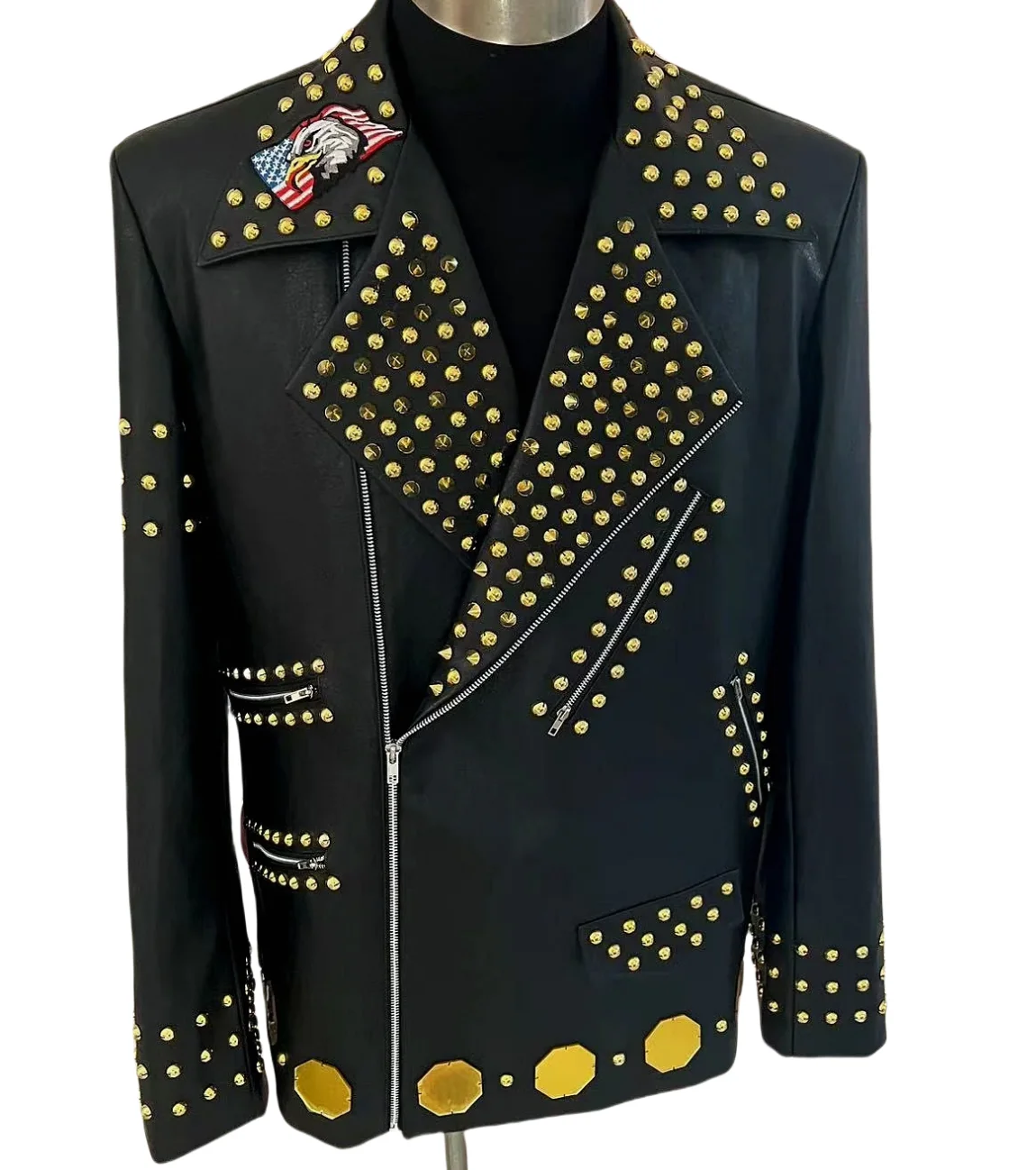 Men\'s Handmade Rivets Epaulet Jacket Party Stage show Performance Coat Nightclub Male Singer Dancer Stage Wear