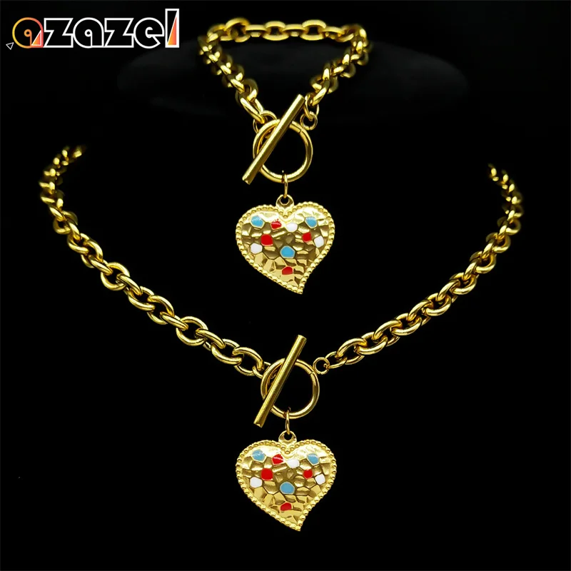 

Fashion Colorful Enamel Love Heart Pendant Jewelry Set Women Stainless Steel Gold Color Choker Necklace Bracelet Set Jewelry