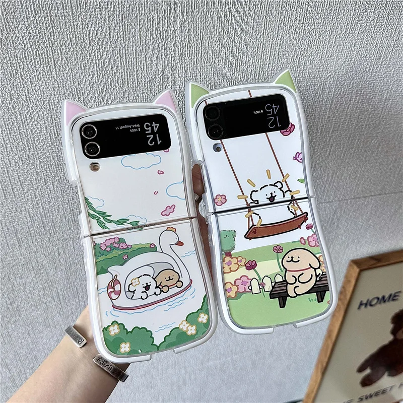 Travel Puppy Cute Cat Ears Phone Case for Samsung Galaxy ZFlip3 ZFlip4 ZFlip5 ZFlip6 Hard PC Back Cover for Z Flip 6 Case Shell