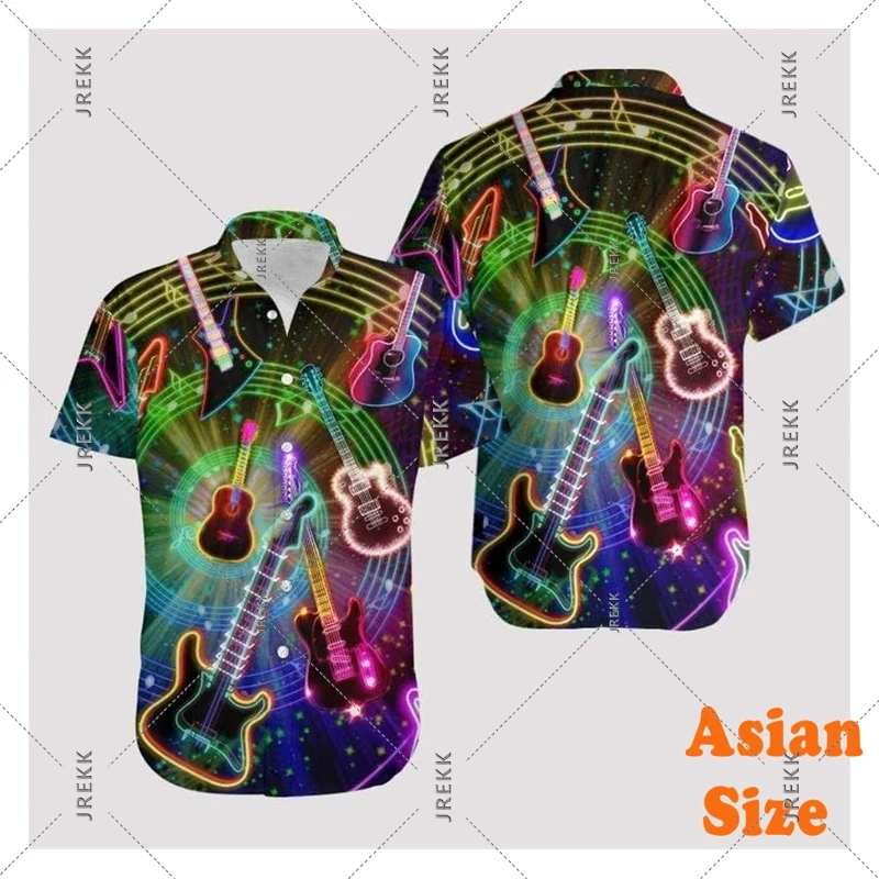 Neon Music Guitar Print Hawaii Shirt Men Women Music Party Clothes Short Sleeve Shirts Hip Hop Trend Jazz Style 2025 New Blouse