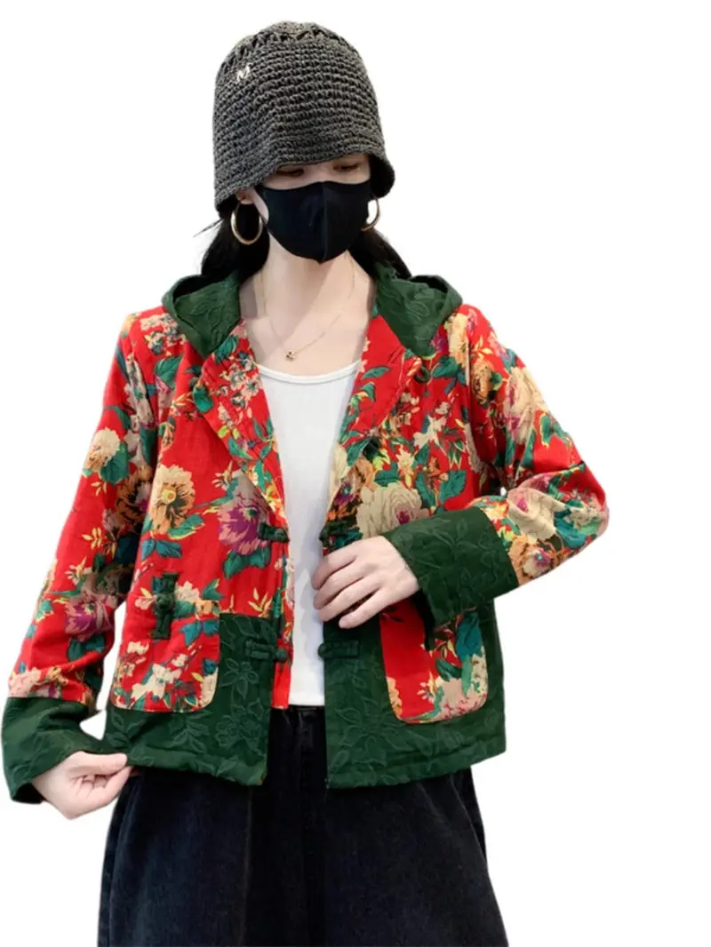 Autumn Ethnic Style Cotton And Linen Retro Button Hooded Jacket For Women Loose Versatile Cardigan Casual Top Printed Coat A025