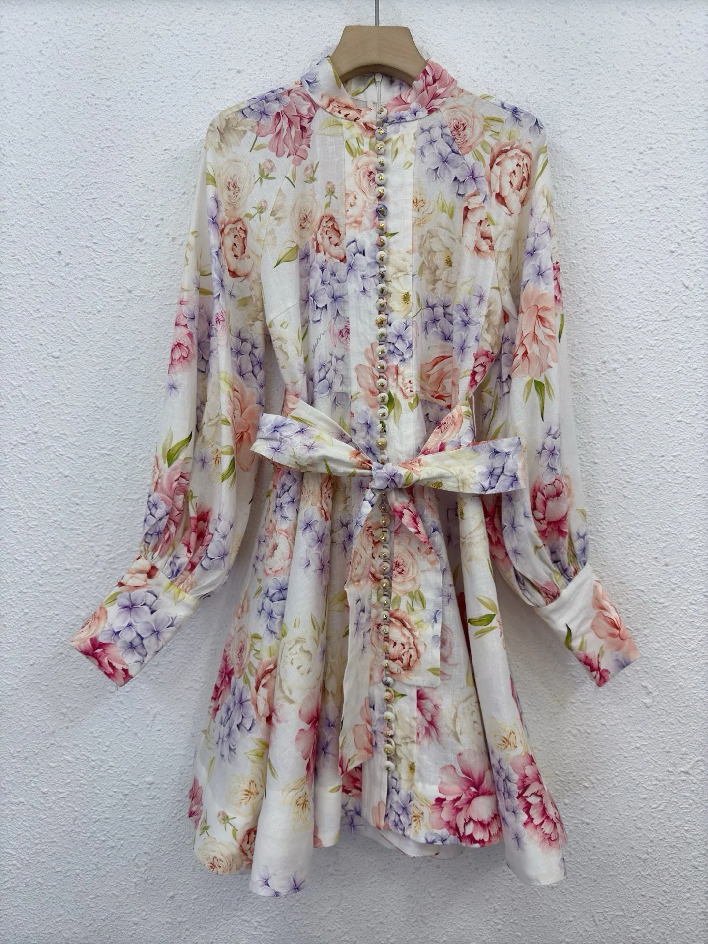 

EVACANDIS 100% Linen Floral Printing Luxury High Quality Women Long Lantern Sleeve Mini Dress with Belt Elegant Vintage Sweet