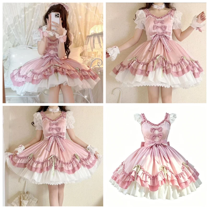 Kawaii Japanese Lolita Style Short Sleeve Princess Mini Gown For Women Sweet Y2k Trendy Daily Female Cosplay Party Outfit Dress