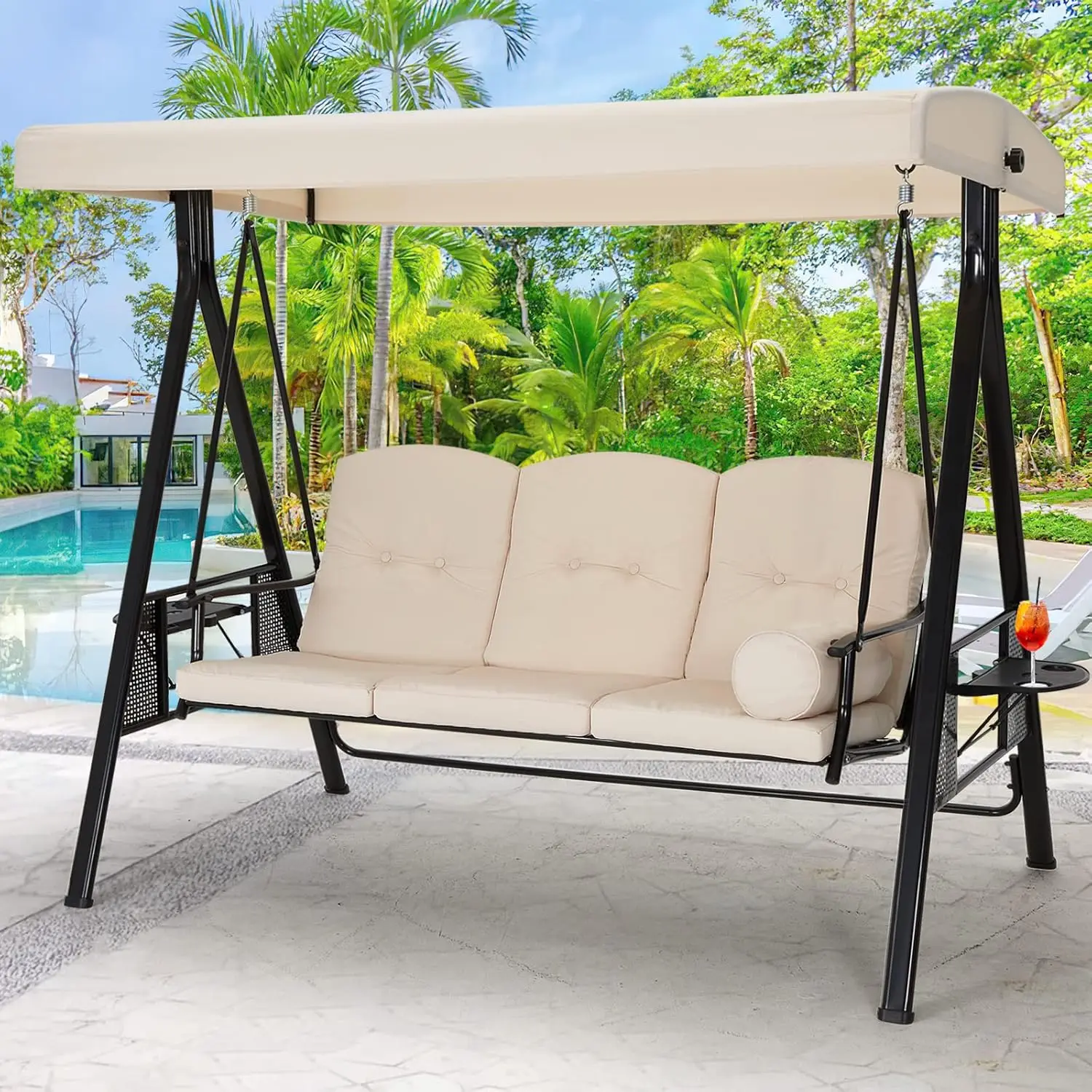 

Outdoor Swing Chair for Adults 3 Seat Porch Swings with Adjustable Canopy Outside Swing Bench with Removable Cushion Suitable