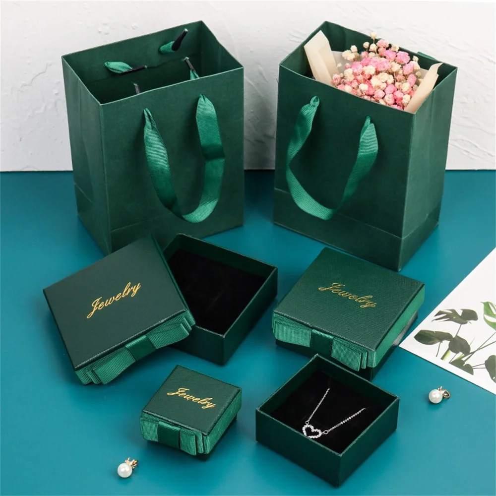 Simple Square Jewelry Box Ribbon Bow Decoration Gift Packaging Display Earrings Necklace Pendant Case Paper Organizer New