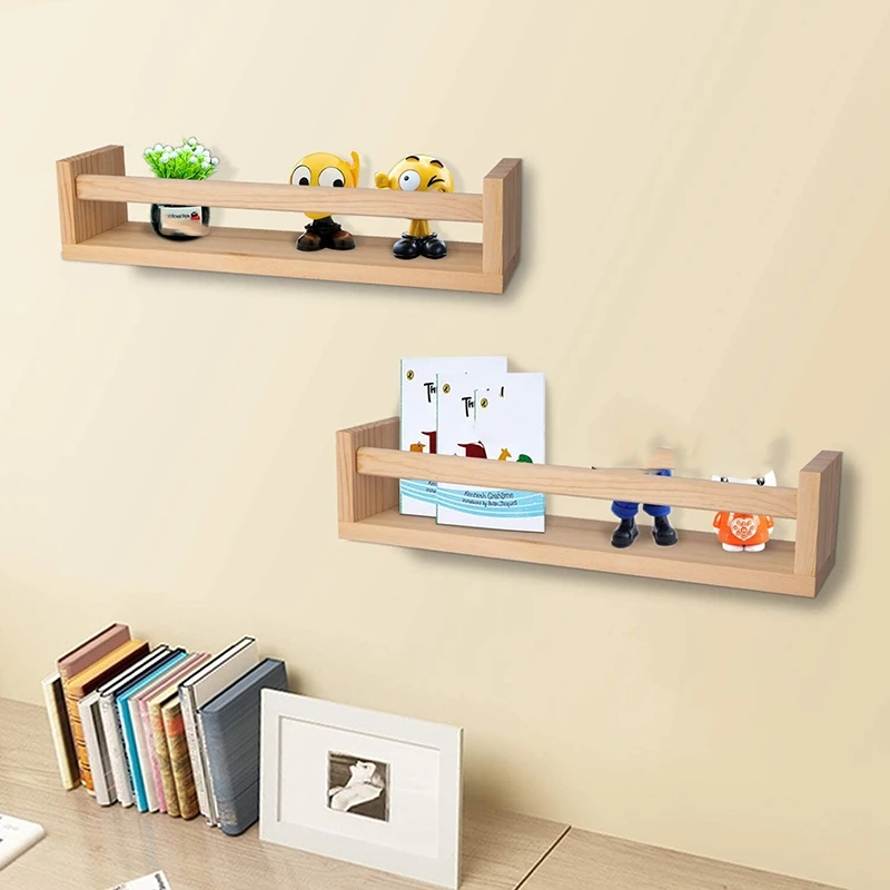 2Pcs Bookshelf Natural Wood Floating Wall Bookshelf for Kids Nursery Shelves for Wall Bathroom Decor Kitchen Spice Rack