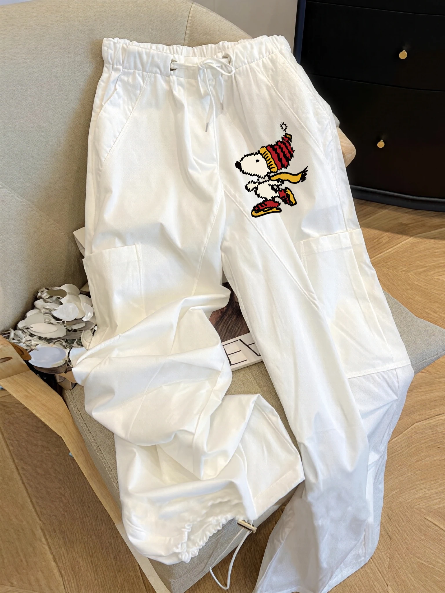 

High Waist Wide Leg Casual Trousers Unisex Summer Workwear Graffiti Print Drawstring Loose Fit Versatile Slimming Pants