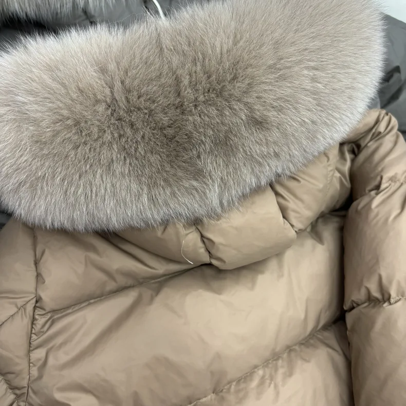 Schinteon Women 100% Real Fox Fur Collar White Duck Down Jacket with Hood Autumn Winter Warm Casual A-lined Warm Outwear Cape