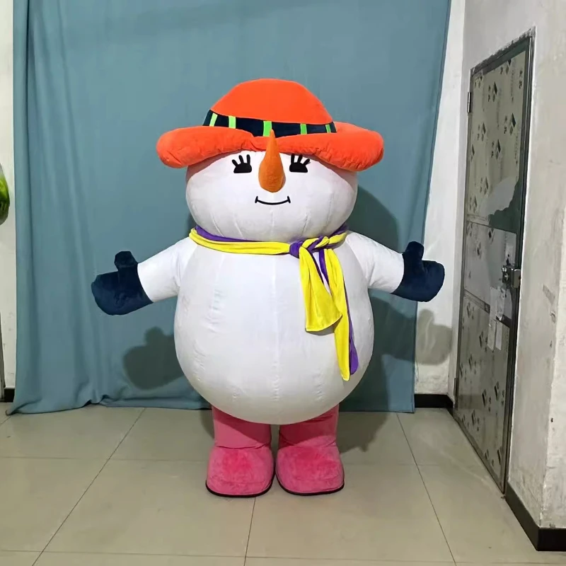 

Новый надувной костюм талисмана снеговика с оранжевой шляпой для взрослых, косплей, забавный костюм с изображением животного, без батареи