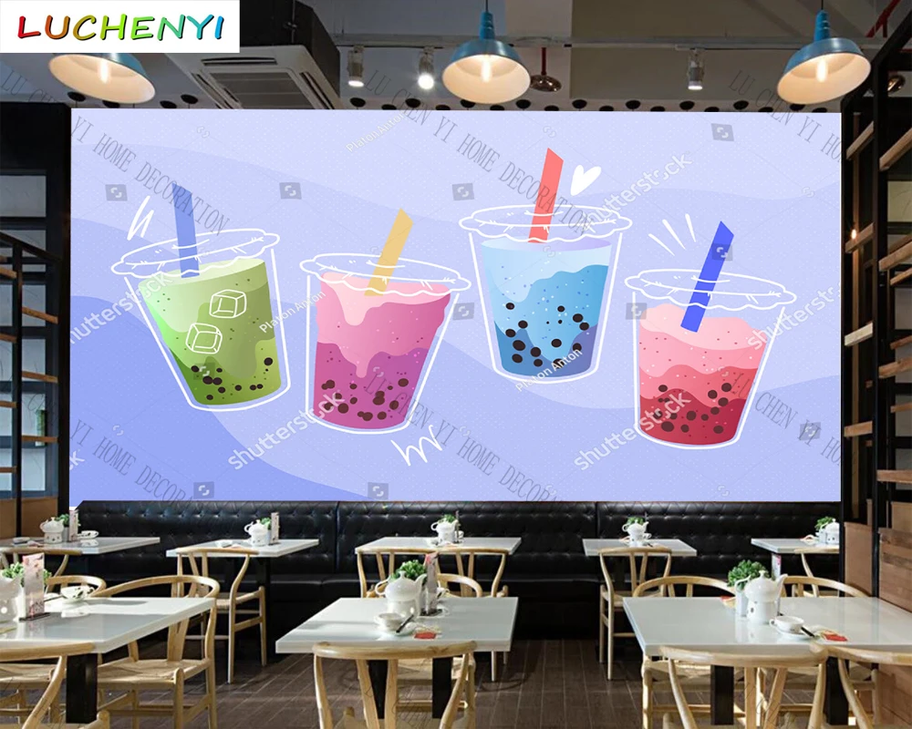 Custom bubble tea light purple background mural wallpaper restaurant drinking shop dining room wall papers home decor sticker