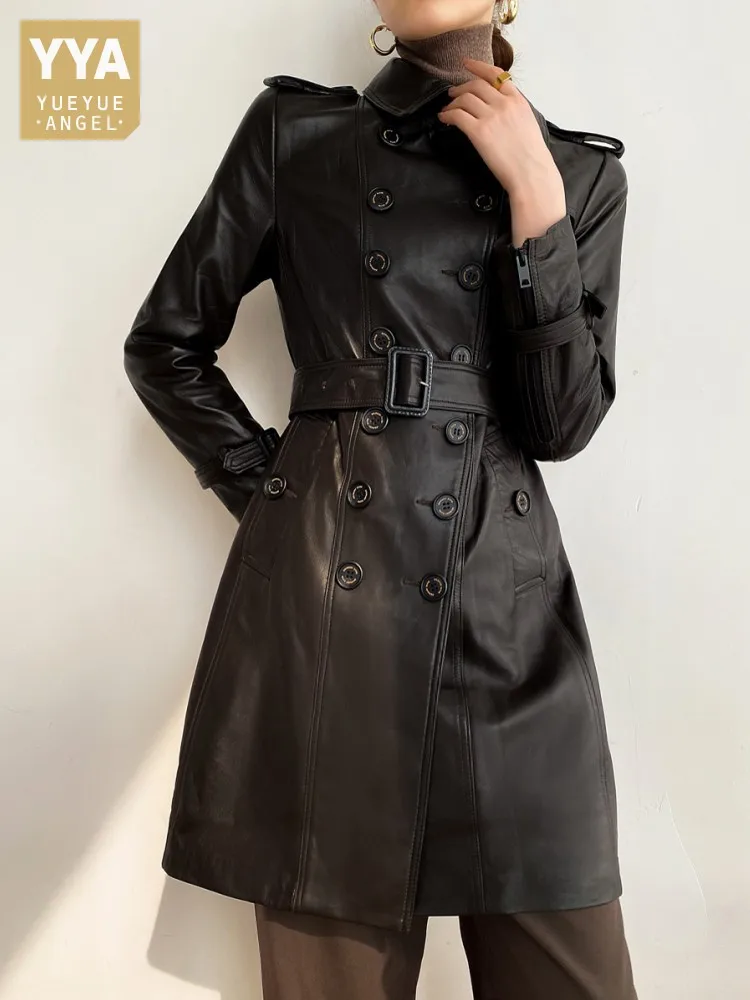 Frauen Belted Zweireiher Mitte Langen 100% Schaffell Echtes Leder Jacke Herbst Winter Büro Damen Windjacke Graben Mantel