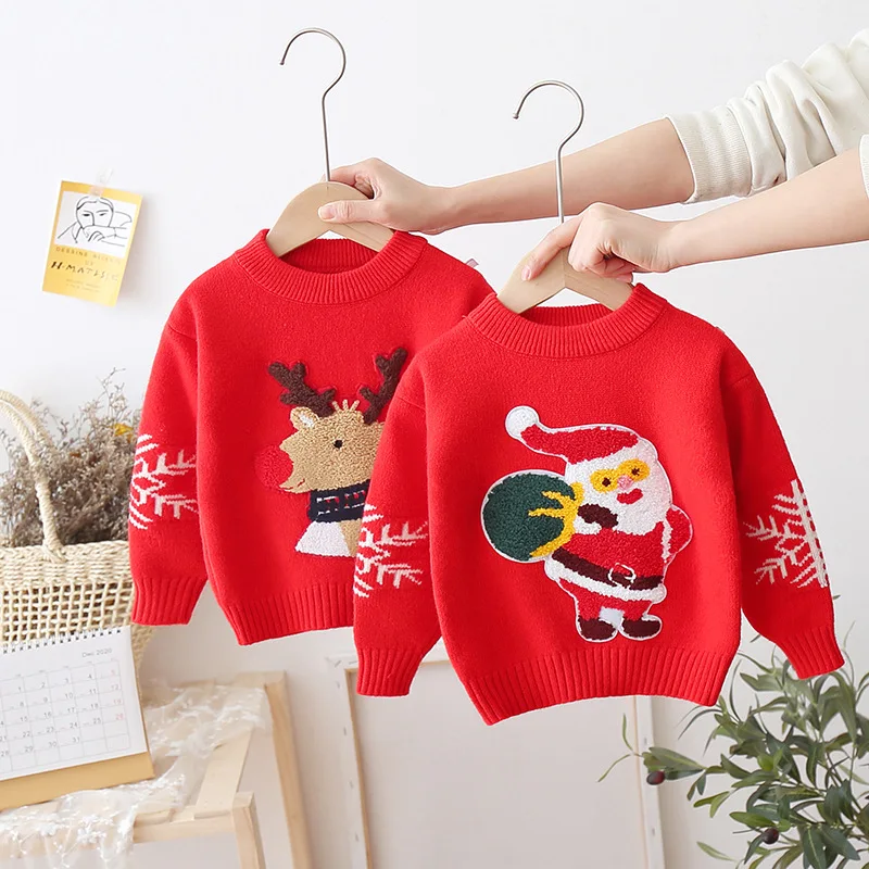 New Year\'s Wear Children\'s Red Knitted Pullover Boy Cartoon Bottom Girl Cartoon Christmas Sweater Thickened Foreign Style