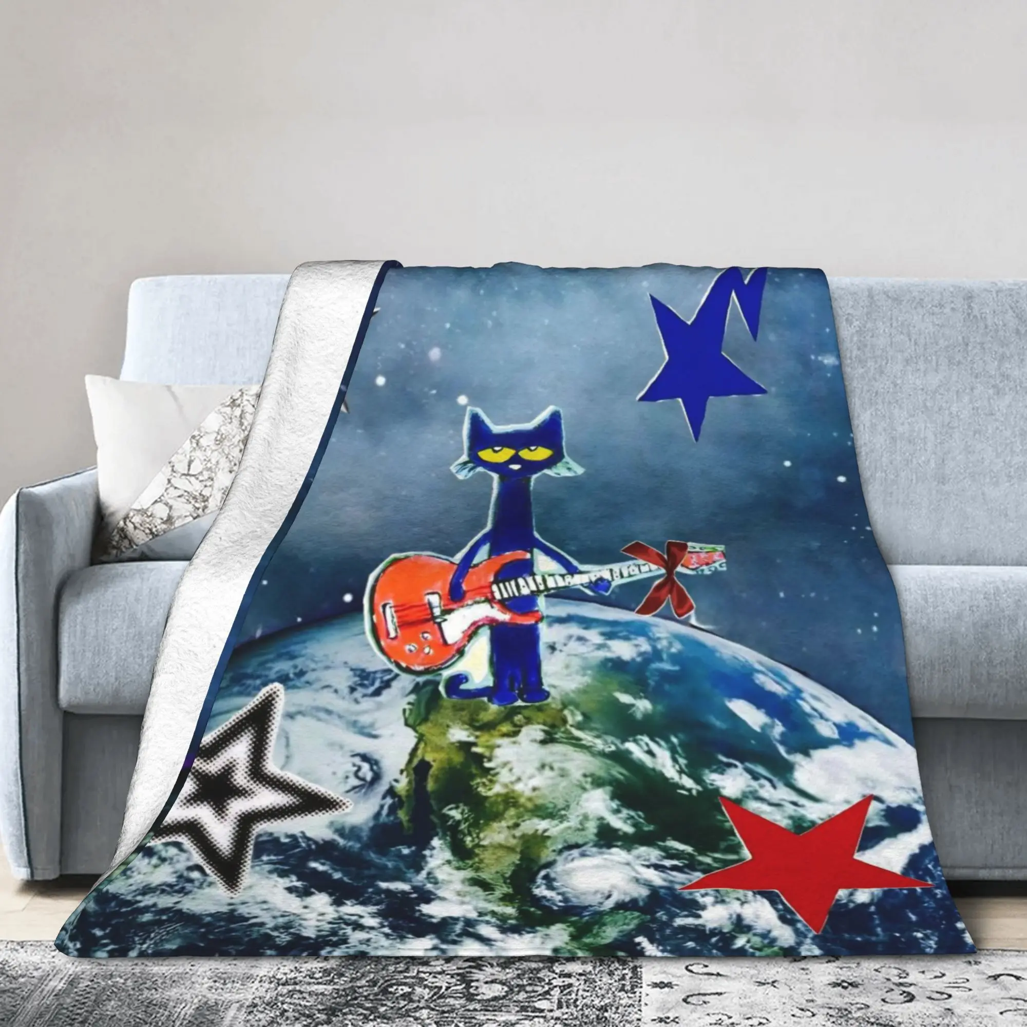 Pete The Cat Earth Space Guitar Fleece Throw Blankets  Blanket for Sofa Bedroom Super Soft Bedding Throws