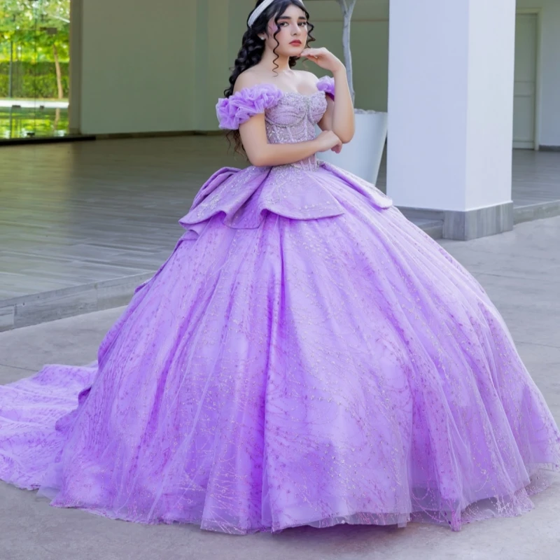 

Lavender Shiny Quinceanera Dresses Off The Shoulder Sequin Beading Crystal Bow Tull Corset Party Birthday Sweet 16 Dress Vestido