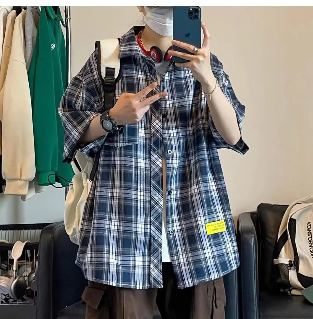 

Легкая летняя мужская рубашка в клетку, повседневная, винтажная, дышащая, свободного кроя, с воротником-стойкой, не требующая глажки