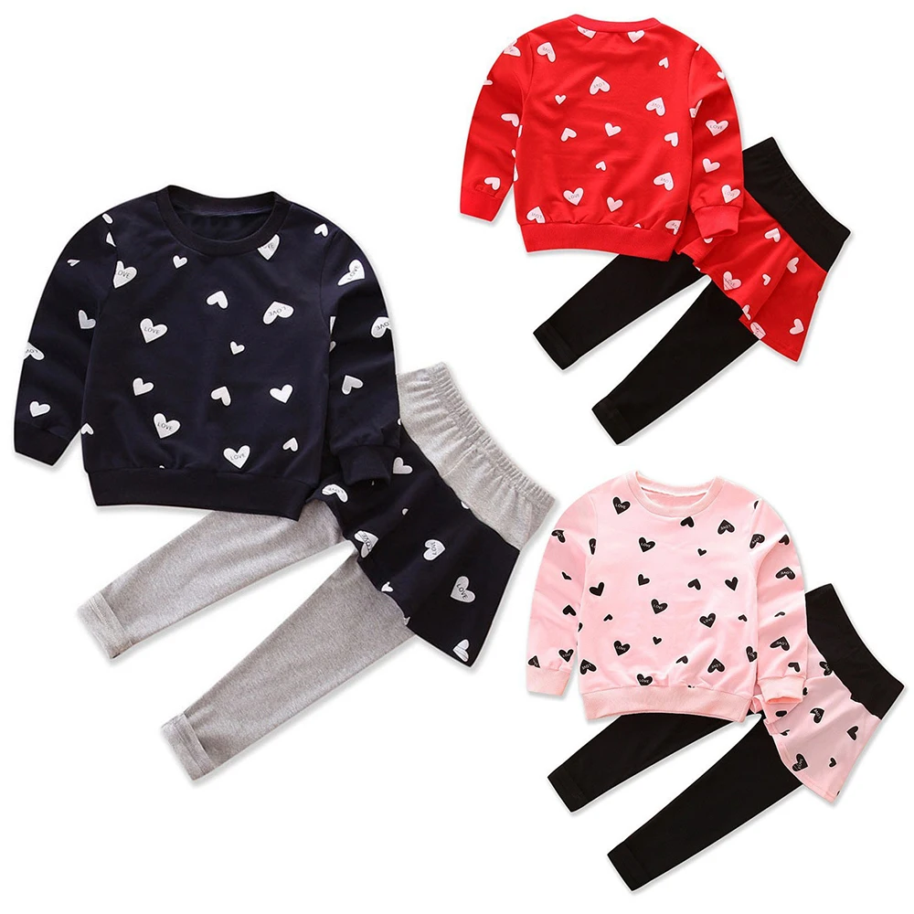 

2025 New Style Girls' Sets 2 piece Cute Heart printing Top and Bottom Skirt Pants Girls Outfits For 2 3 4 5 6 years old Children