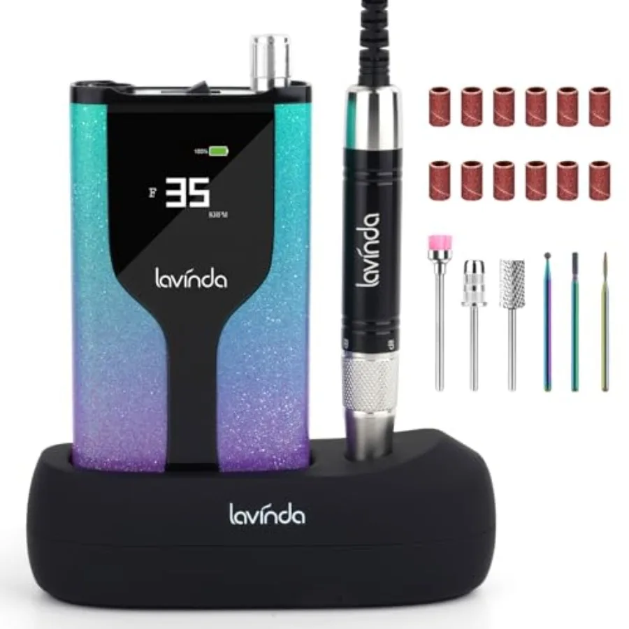 

Беспроводная перезаряжаемая бесщеточная машинка для маникюра 35 000 об/мин для акриловых ногтей, портативная электрическая пилка для ногтей с зарядной базой Bling G