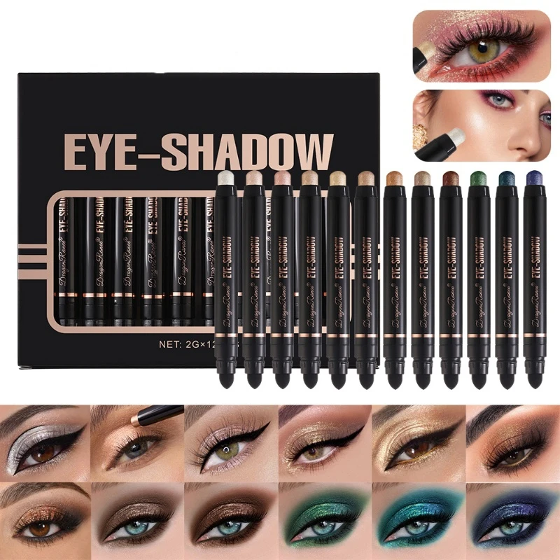 12-color Double Tip Eyeshadow Pen Set Metallic High Gloss Smudger Brighten Eye Makeup Pencil Shining Brown Eye Shadow Cosmetics