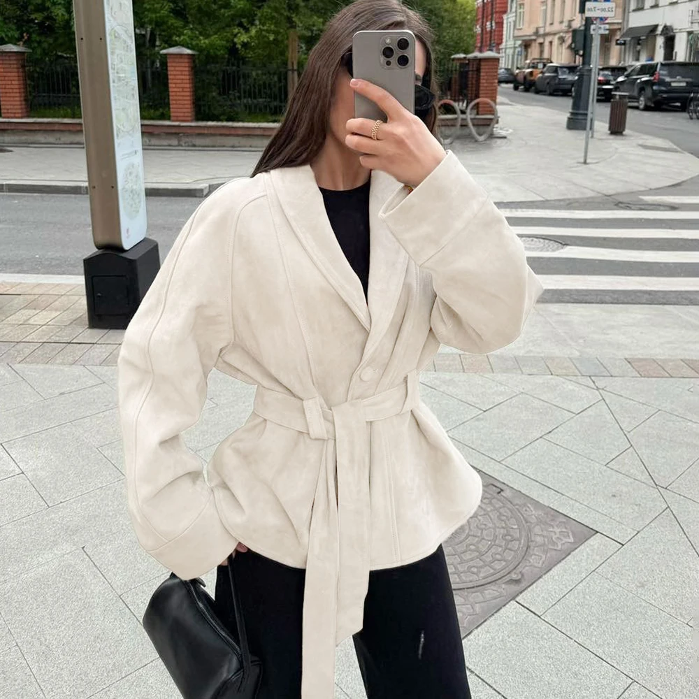 

Tuularose Vintage Suede Long-sleeved Jacket Coat Female V neck Lace Up Jacket Autumn Winter New Commute Office Lady Outerwear